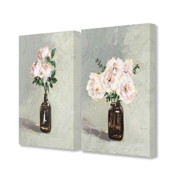 Stupell Industries Abstract Pink Green Flowers In Jug Neutral Grey Painting 2pc Canvas Wall Art Set by Victoria Borges