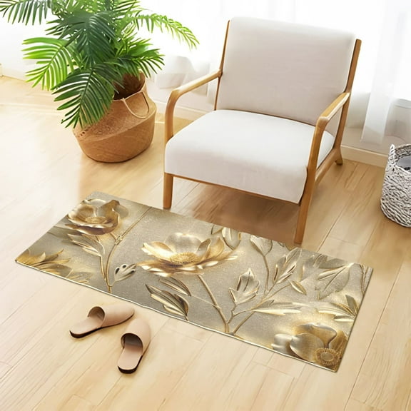 Gold Flowers and Leaves Bathroom Rug Non Slip Bathroom Mats Entry Door Soft Carpets for Kitchen Bedroom Living Room 39x20 inch