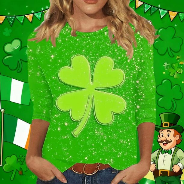 RKSTN 3/4 Length Sleeve Womens Tops Oversized Crewneck St Patricks Day Lucky Shamrocks Graphic Print T Shirt Womens Casual Plus Size Round Neck Loose Irish Festivities Three Quarter Sleeve Shirt