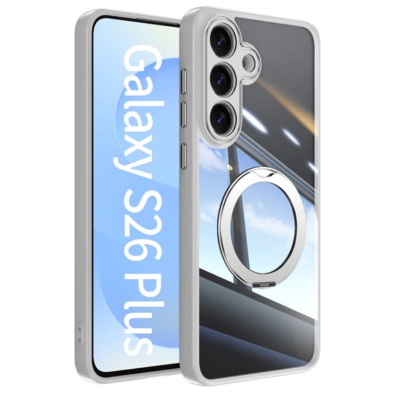 for Samsung Galaxy S26 Plus Case with Magnetic Rotating Ring Stand, Crystal Clear Design Drop Protection Non-Yellowing Shockproof Tempered Glass Back Cover for Samsung Galaxy S26 Plus, Gray