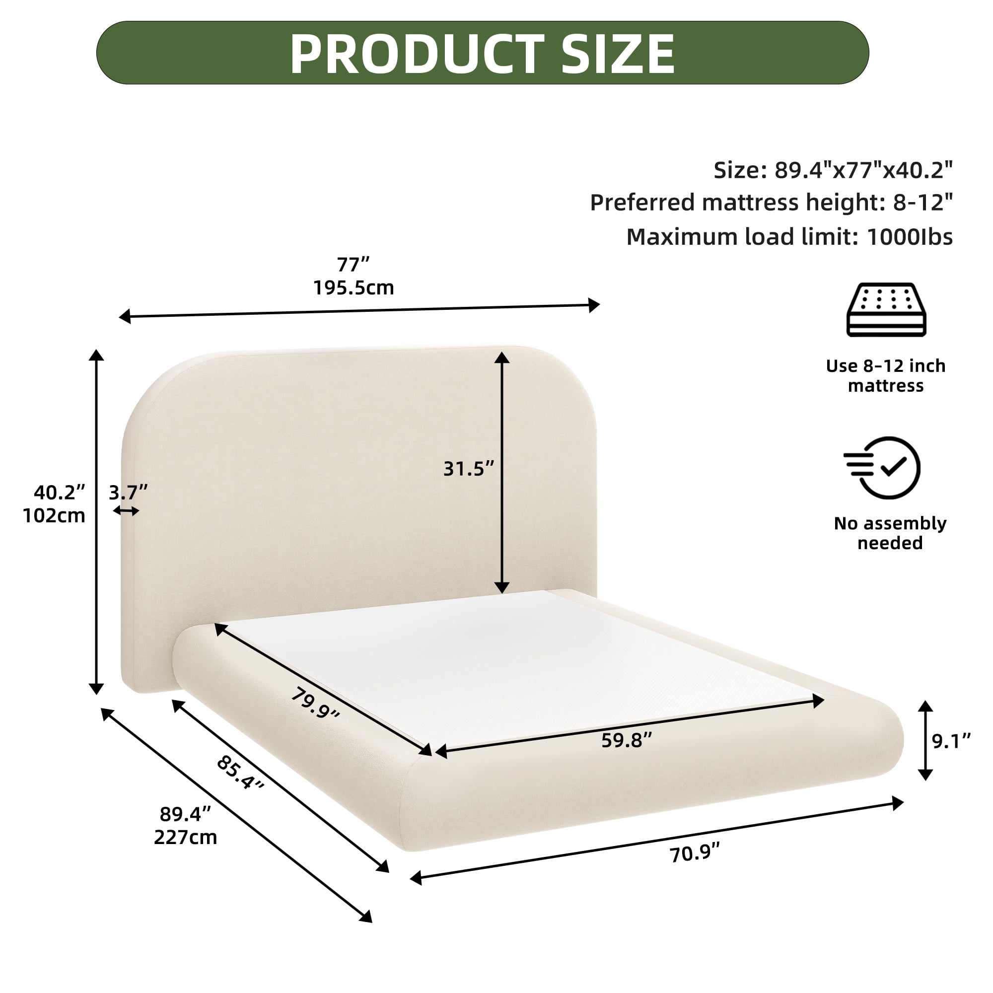Uforic Queen Size Velvet Upholstered Cloud Bed Frame with Headboard/Footboard, 10-Second Easy Assembly, Off-White