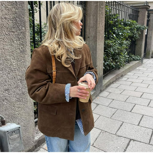 Veste en Suède Brune pour Femmes Vintage à Simple Boutonnage avec Poches Crantées Blazer Manteaux