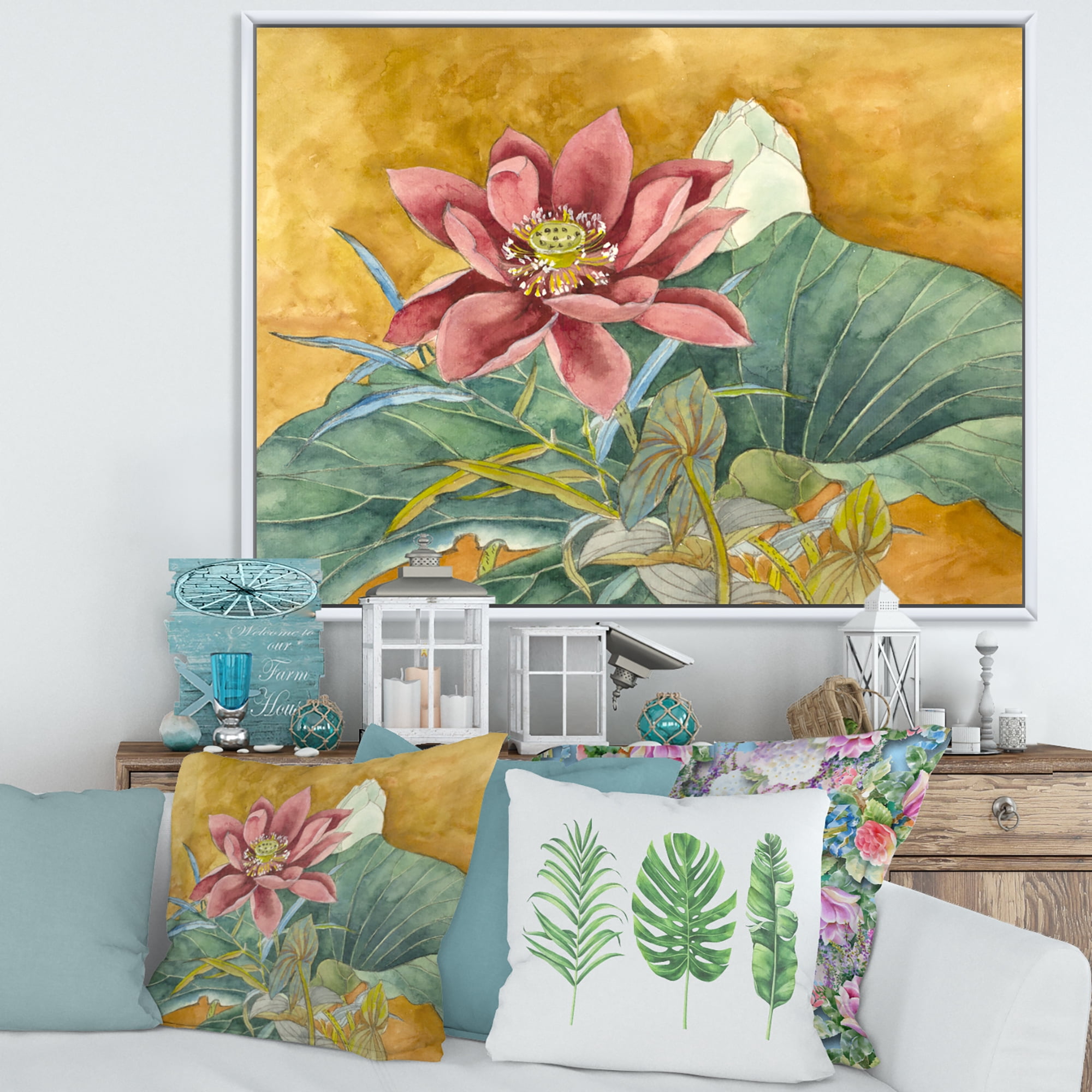 Designart 'Ancient Impression of Pink Lotus' Traditional Framed Canvas Wall Art Print