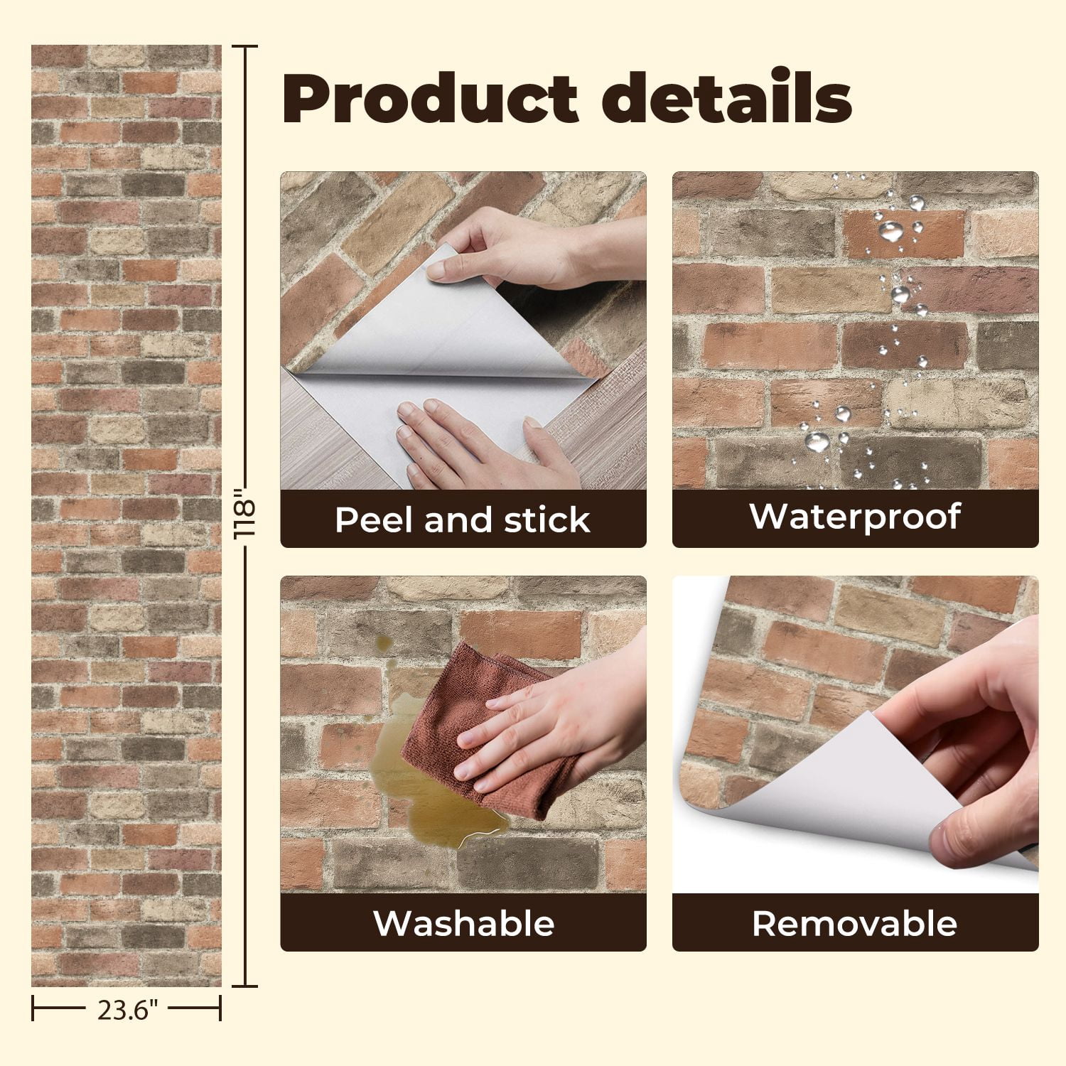 Peel and Stick Wallpaper Rustic Brick Wall Textured Surface Warm Earthy Tones Wall Mural 23.6in x 9.8ft Self Adhesive Removable Wall Paper Renter Friendly Wallpaper for Nursery Bedroom Cabinets