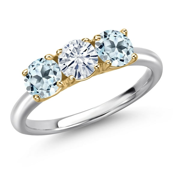 Gem Stone King 10K Two Tone Gold White Moissanite and Sky Blue Topaz Engagement Ring for Women | 1.90 Cttw | Round 5MM | Gemstone Birthstone | Size 9