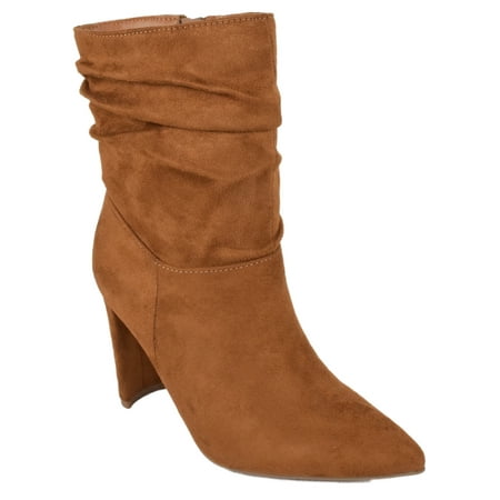 

Delicious Women Mid-Calf Short Slouch Boots High Heels Side Zipper Booties Pointed Toe Public-S Hazel Tan Brown Suede 5.5