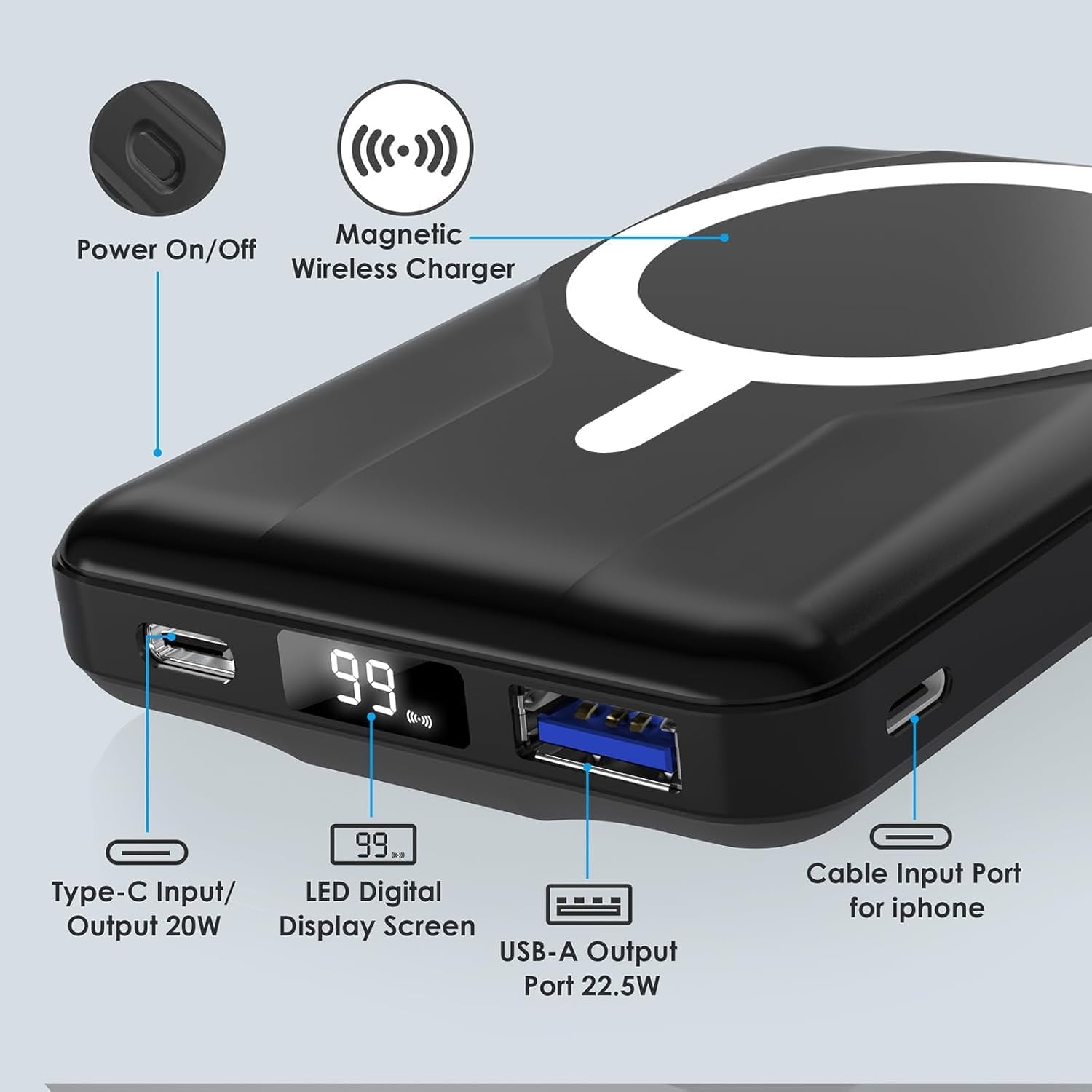 Wireless Portable Charger with Stand, Slim 10000mAh Magnetic Power Bank for Magsafe, 22.5W Fast Charging Battery Pack Compatible with iPhone 17/16/15/14/13/12 Series