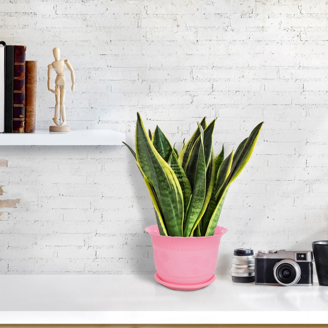 Uxcell Home Office Garden Plastic Floral Pattern Cactus Aloe Plant Flower Pot Pink 23cm Diameter