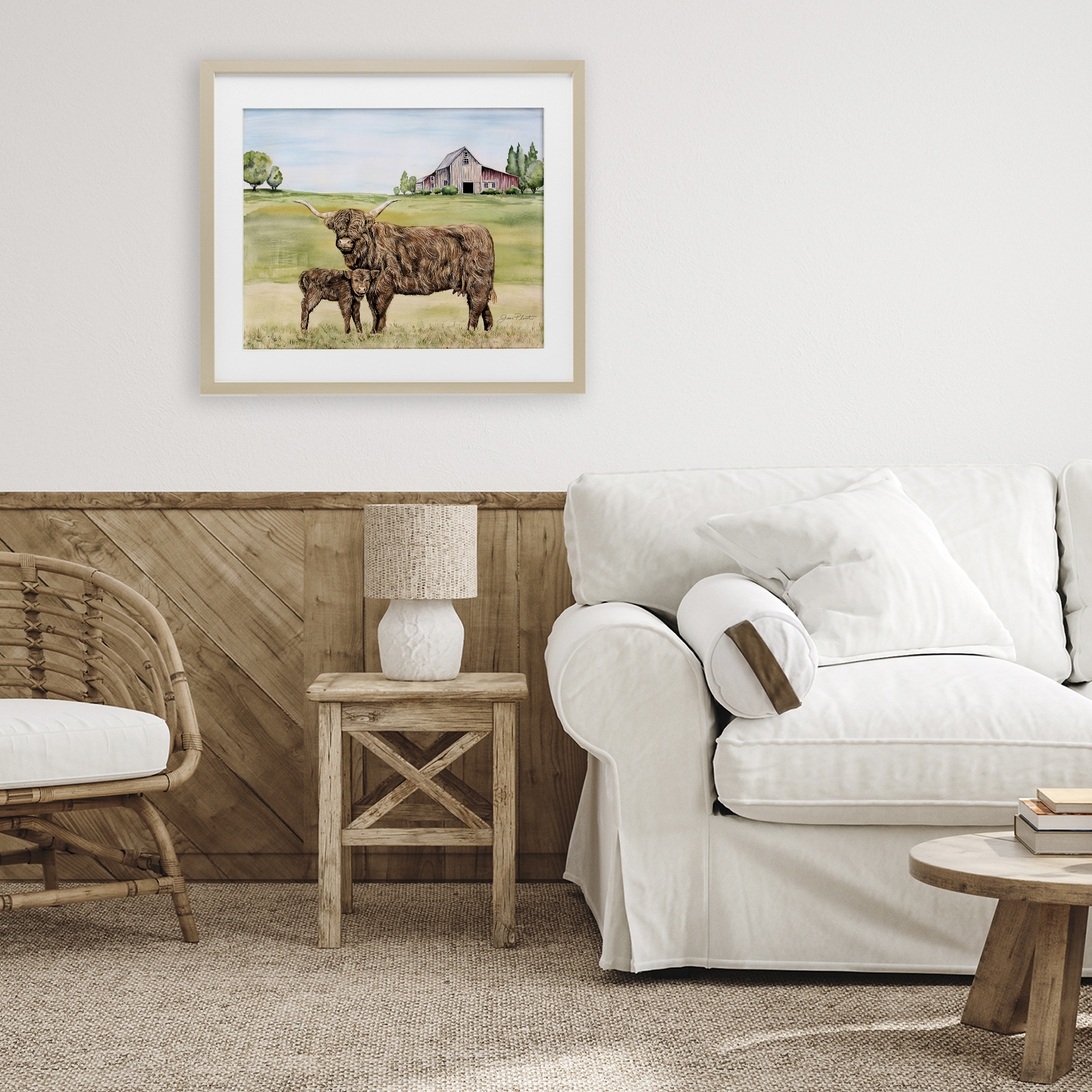 Highland Cow And Calf Birch Framed Print Under Glass, design by Jean Plout