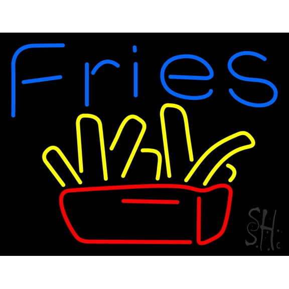 Blue Fries Logo LED Neon Sign 24 x 31 - inches, Black Square Cut Acrylic Backing, with Dimmer - Bright and Premium built indoor LED Neon Sign for restaurant window and interior decor.