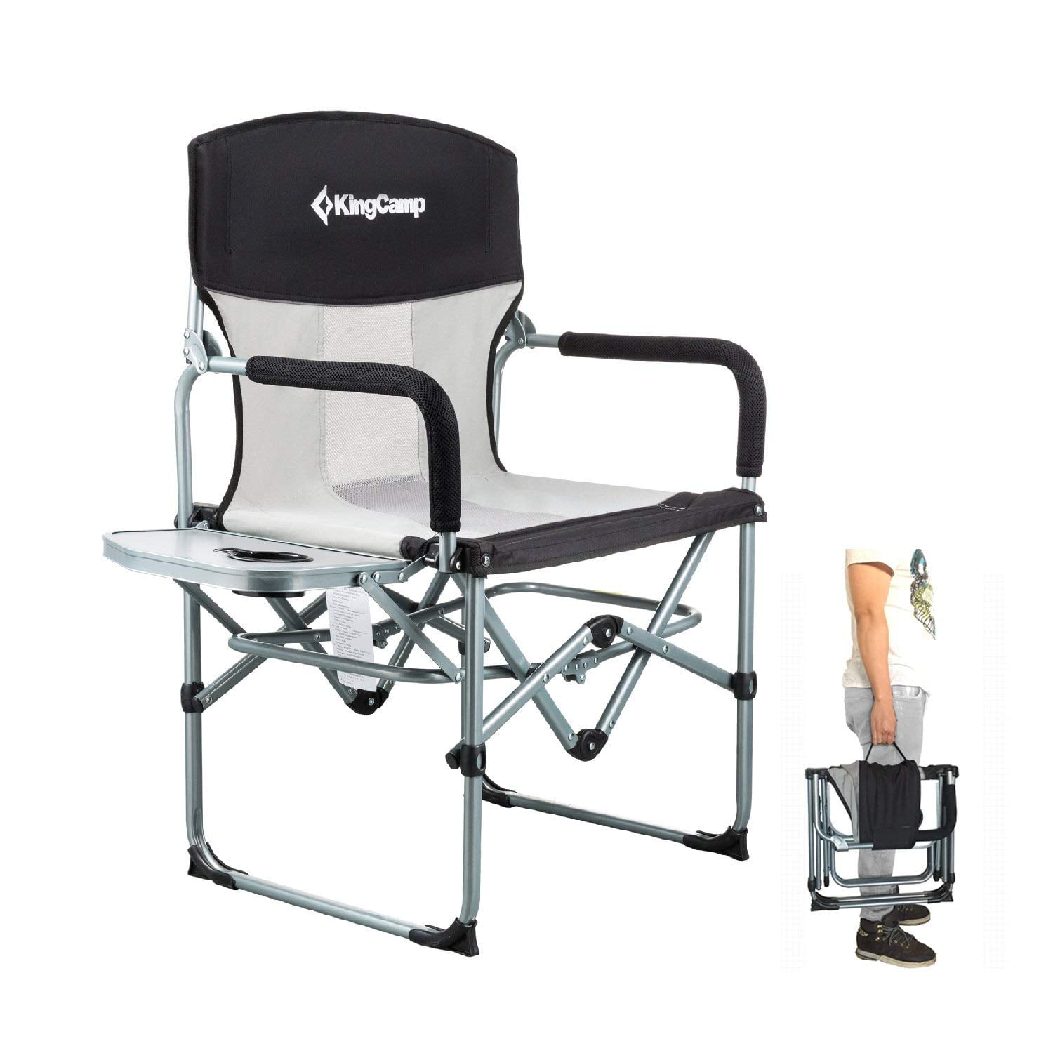 kingcamp heavy duty compact camping folding mesh chair with side table and handle