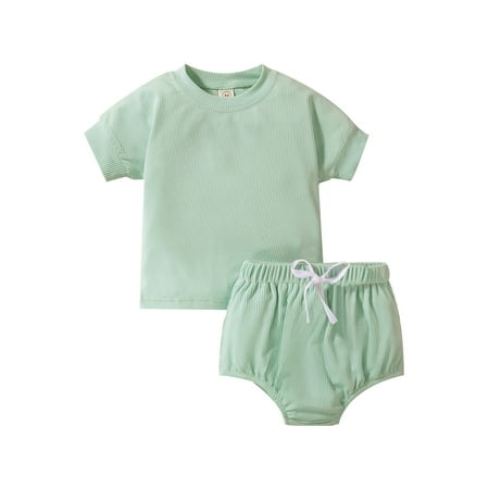 

Franhais Toddler Baby Suit Solid Color Round Neck Short Sleeve Tops+Patchwork Bandage Shorts
