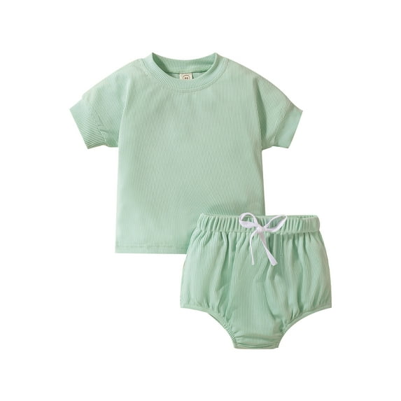 Seyurigaoka 2Pcs Toddler Baby Unisex Ribbed Suit, Solid Color Round Neck Short Sleeve Tops + Patchwork Bandage Shorts