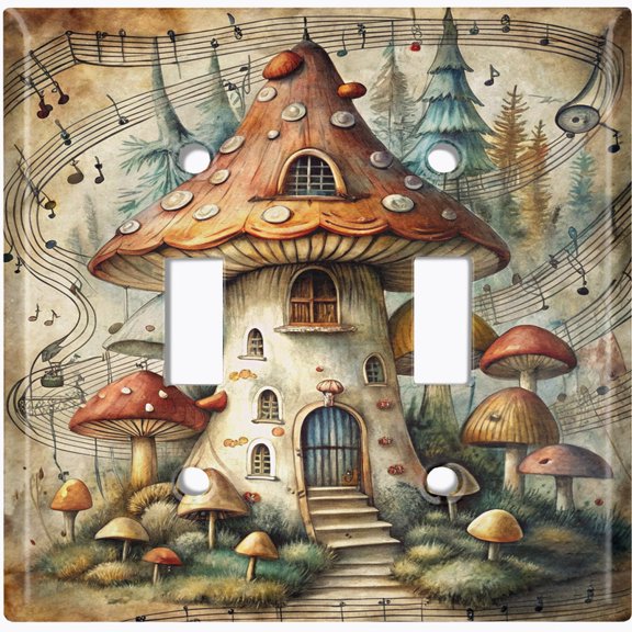 Metal Light Switch Wall Plate Outlet Cover (Printed Image of Musical Mushroom Village - Double Toggle)