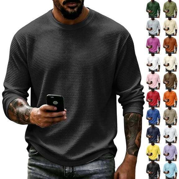 Waffle Knit Long Sleeve Shirts for Men Crew Neck Printed Casual Top Workwear Pullover Top