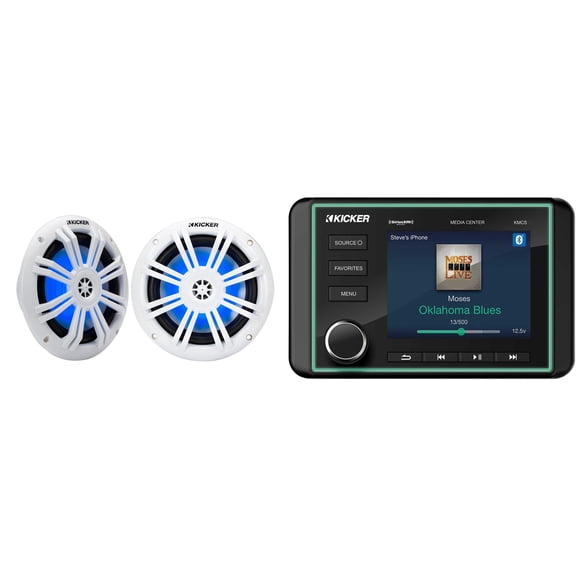 Kicker 46KMC5 Premium Marine Gauge-Style Source & 51KM604WL 6.5" White Marine LED Speakers bundle