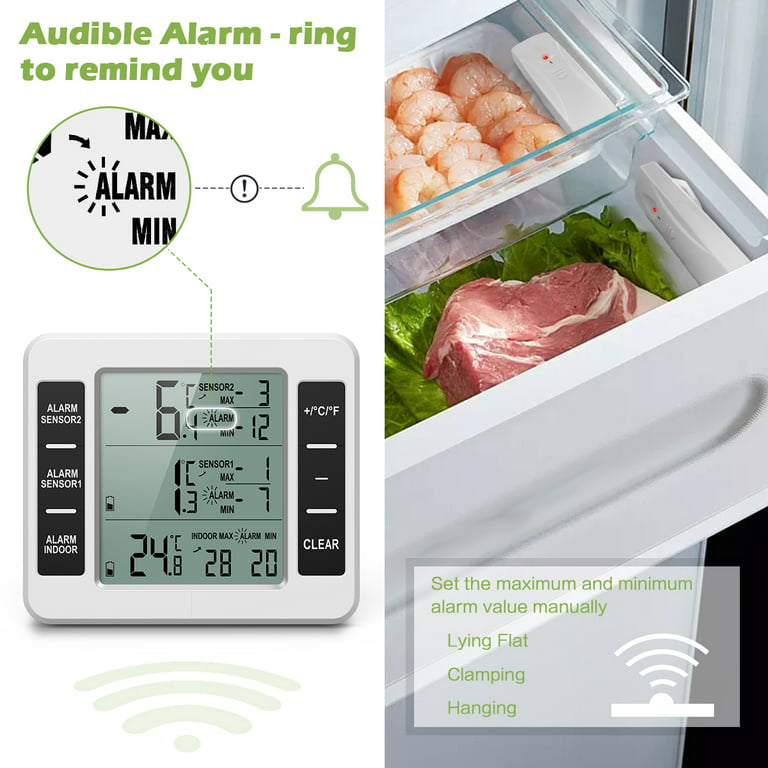 Fridge Thermometer, Digital Freezer Thermometer, Wireless Thermometer with  2 sensors and Acoustic Alarm, Refrigerator Freezer Inside Outside