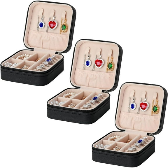 3 Pieces Small Jewelry Box Organizer for Women Travel, Portable Mini Travel Jewelry Organizer Display Storage Box For Rings Earrings Necklaces Gifts (3PCS BLACK)
