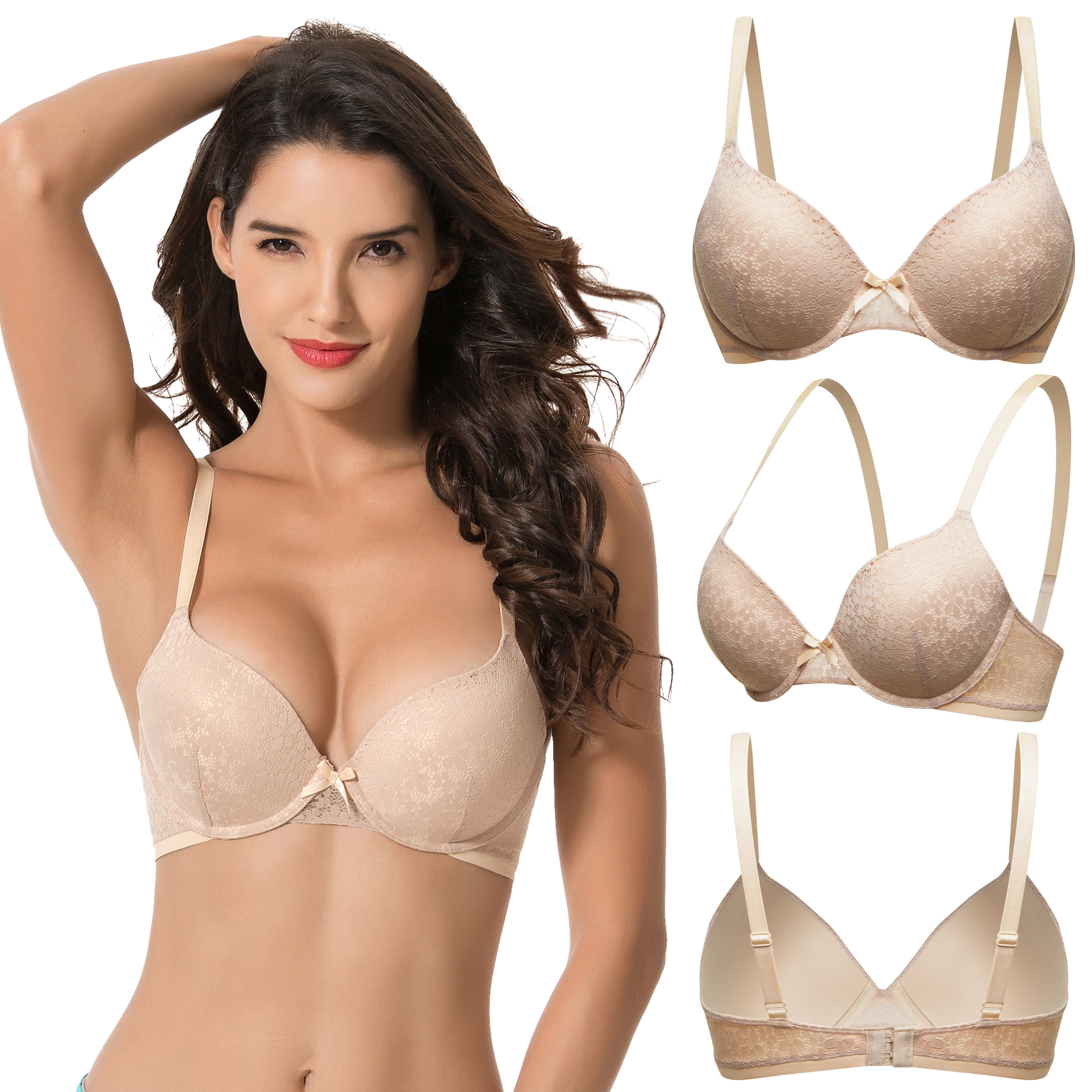 Curve Muse Women's Plus Size Perfect Shape Add 1 Cup Push Up Underwire Lace  Bras-1PK-NUDE-48DD