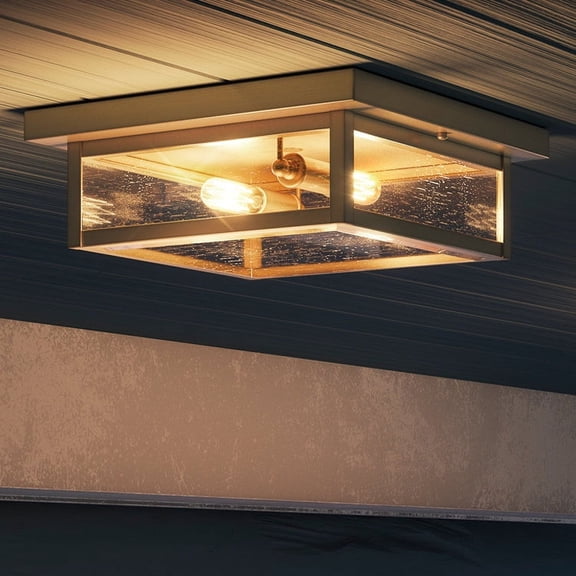 Luxury Modern Farmhouse Outdoor Ceiling Light, 4.00''H x 12.00''W, with Industrial Style Elements, Minimalist Design, Antique Brass Finish and Clear Seedy Glass, UQL1345