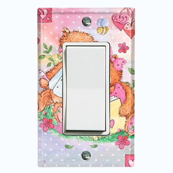 Metal Light Switch Wall Plate Outlet Cover (2 Teddy Bears Reading Flower Hearts Pink - Single Rocker)
