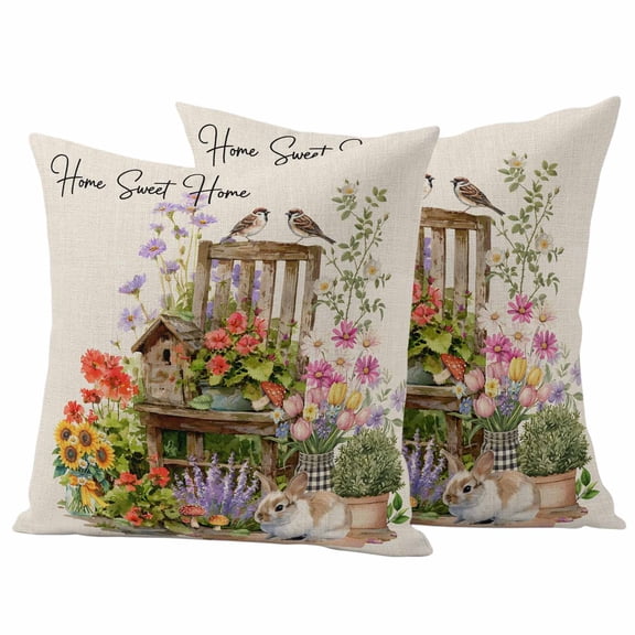 Spring Flowers Outdoor Waterproof Pillow Covers, Cute Rabbits Tulips Sunflowers Daisy Vintage Decorative Square Throw Pillowcase Sofa Cushion Sham for Patio/Couch/Chair, 20"x20" 2 Pack