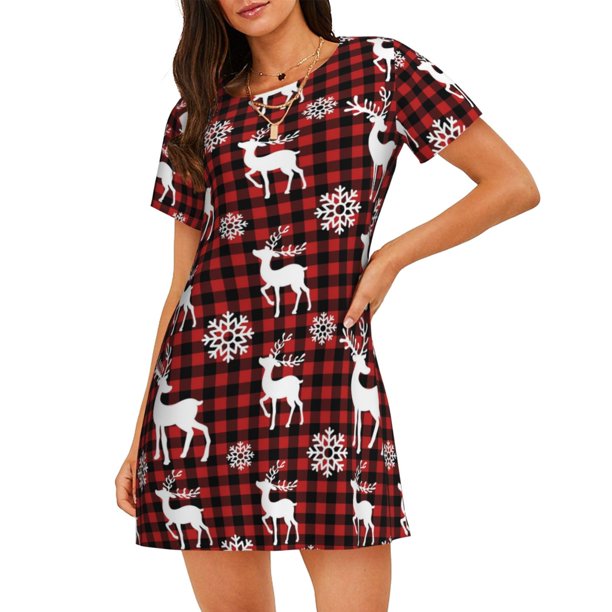 Balery Plaid Reindeer Snowflakes Camisón de manga corta con cuello redondo para mujer, cómodo y elegante.
