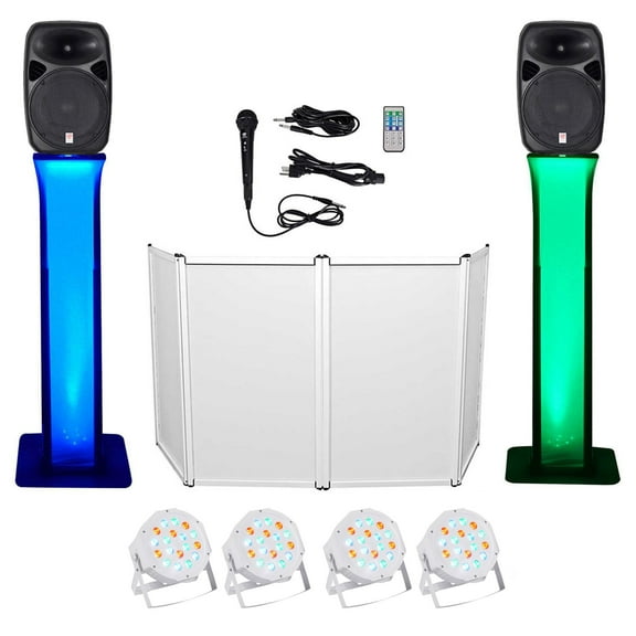 DJ Package w/Dual 15" Bluetooth Speakers Mic Tripod Totem Stands Facade  Lights