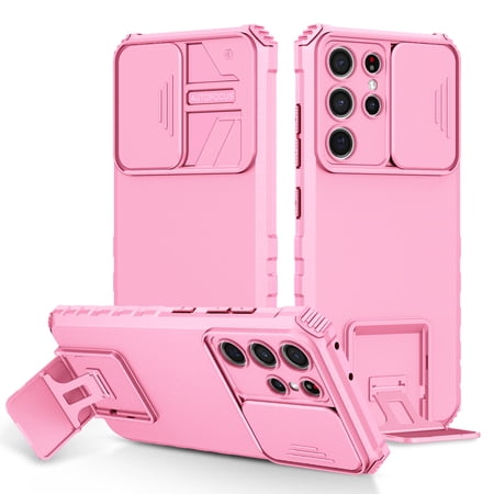 for Samsung Galaxy S21 Ultra Case, Stand Bracket Slide Camera Cover, Heavy Duty Protective Phone Case, Shockproof Hybrid Soft TPU + Hard PC for Samsung Galaxy S21 Ultra 6.8 inch,Pink
