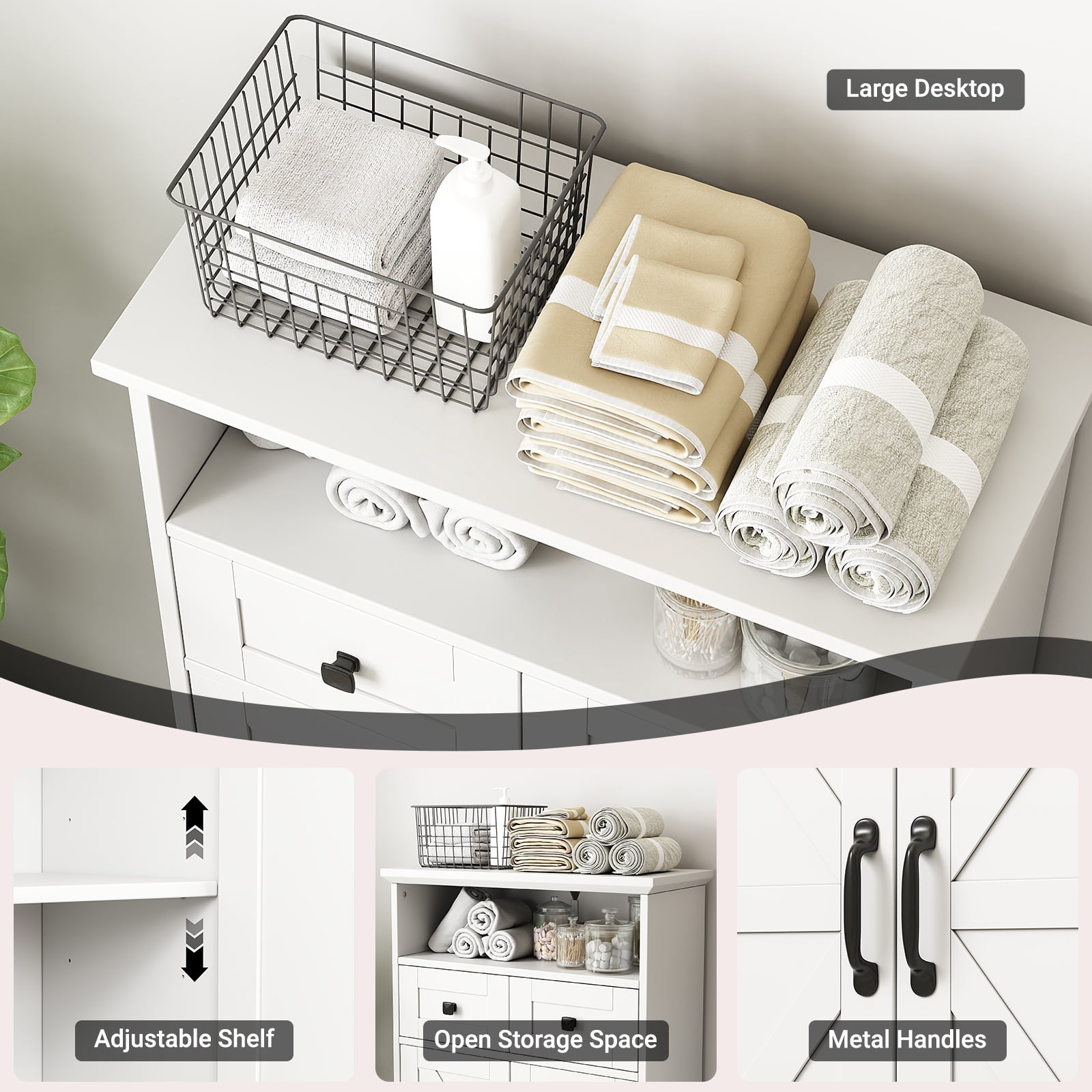 Farmhouse Bathroom Storage Cabinet, Freestanding Bathroom Floor Cabinet with Doors and Drawers, 41.3" H Bathroom Organizer with Adjustable Shelf, White