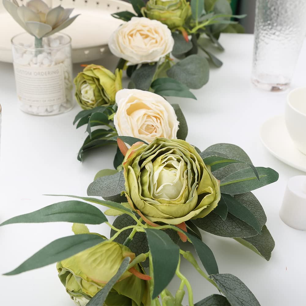 White Roses Artificial Flowers Heads Bulk, Vintage Dried Flowers Artificial Rose Heads Green Fake Rose Wedding Centerpieces for Dining Table Decor Wall Flowers Decorations (White Green)
