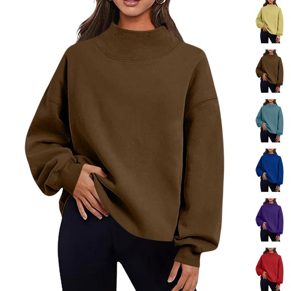 NSLGXD Womens Mock Neck Oversized Sweatshirt Long Lantern Sleeve Loose Fit Solid Color Casual Fall Pullover Tops S-2XL