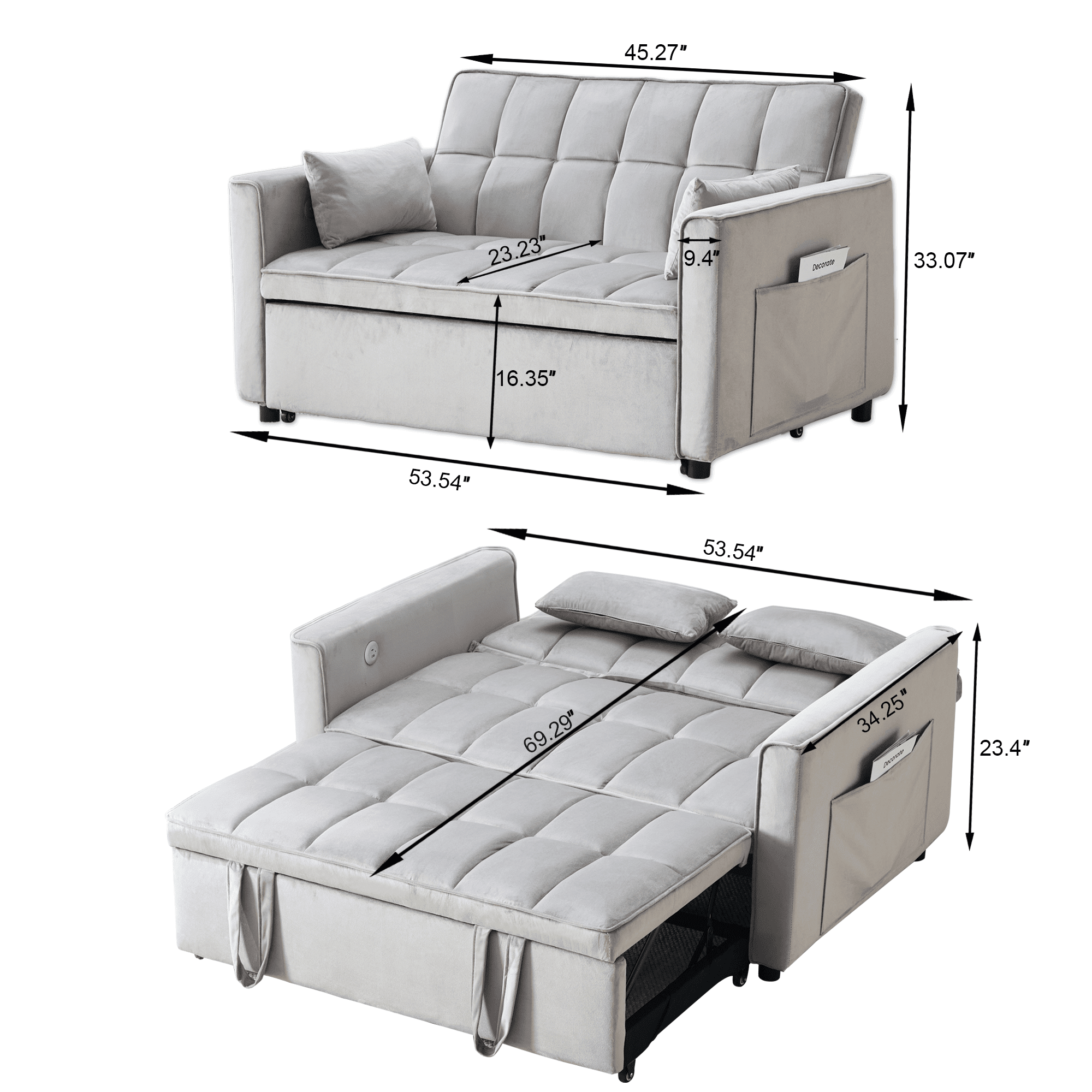 BINBANK Velvet 3-in-1 Convertible Sleeper Sofa – USB Charging, Adjustable Backrest Pull-Out Loveseat Couch for Living Room, Apartment & Small Space,Gray