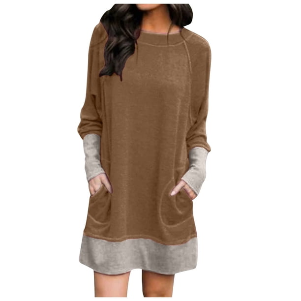 Mini vestido informal suelto con bolsillos de manga larga y retazos de Color liso con cuello redondo para mujer Fridja NMB522