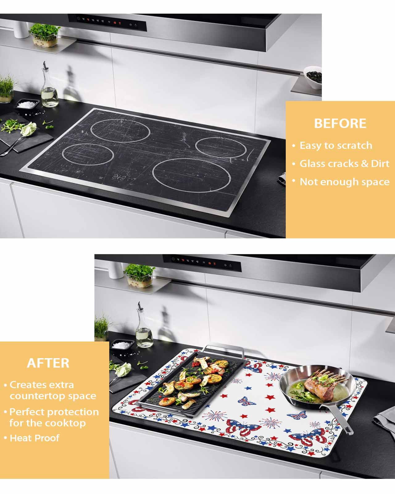 nqOlkjepod Large Induction Cooktop Protector Mat 24"x21", Blue Red 4th of July Stove Top Covers for Electric Stove, Independence Day Fireworks Butterfly Stove Burner Cover Mats Stove Cover