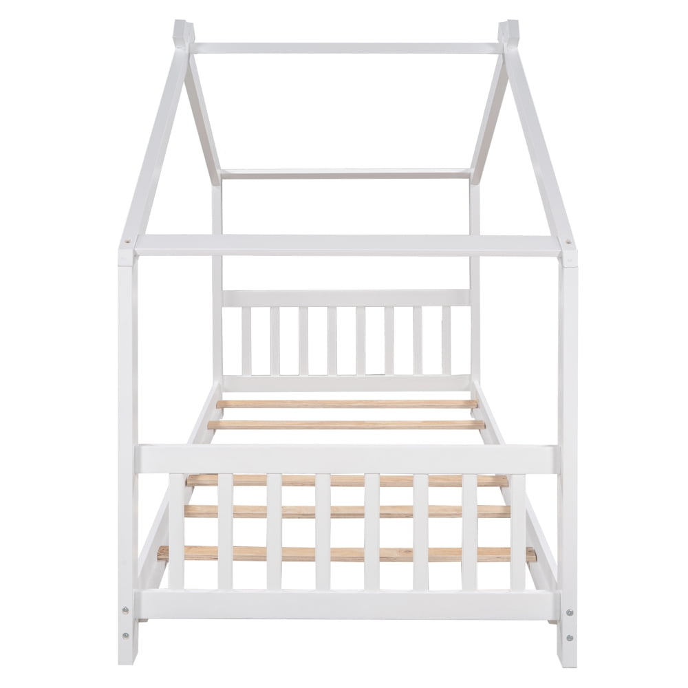 Twin Size House Bed for Kids & Teens,Solid Wood Twin Size Floor Montessori Bed with Headboard & Footboard, Toddlers House Floor Bed with Roof and Slat, No Box Spring Need,Espresso Bed Frame,White