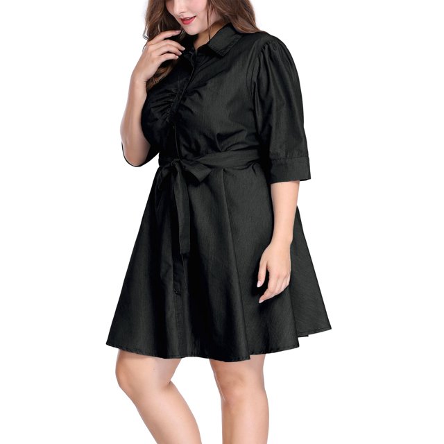 Vestido Camisero De MezclilCon Cinturón Mangas 1/2 De TalGrande PaMujer Negro 3XL