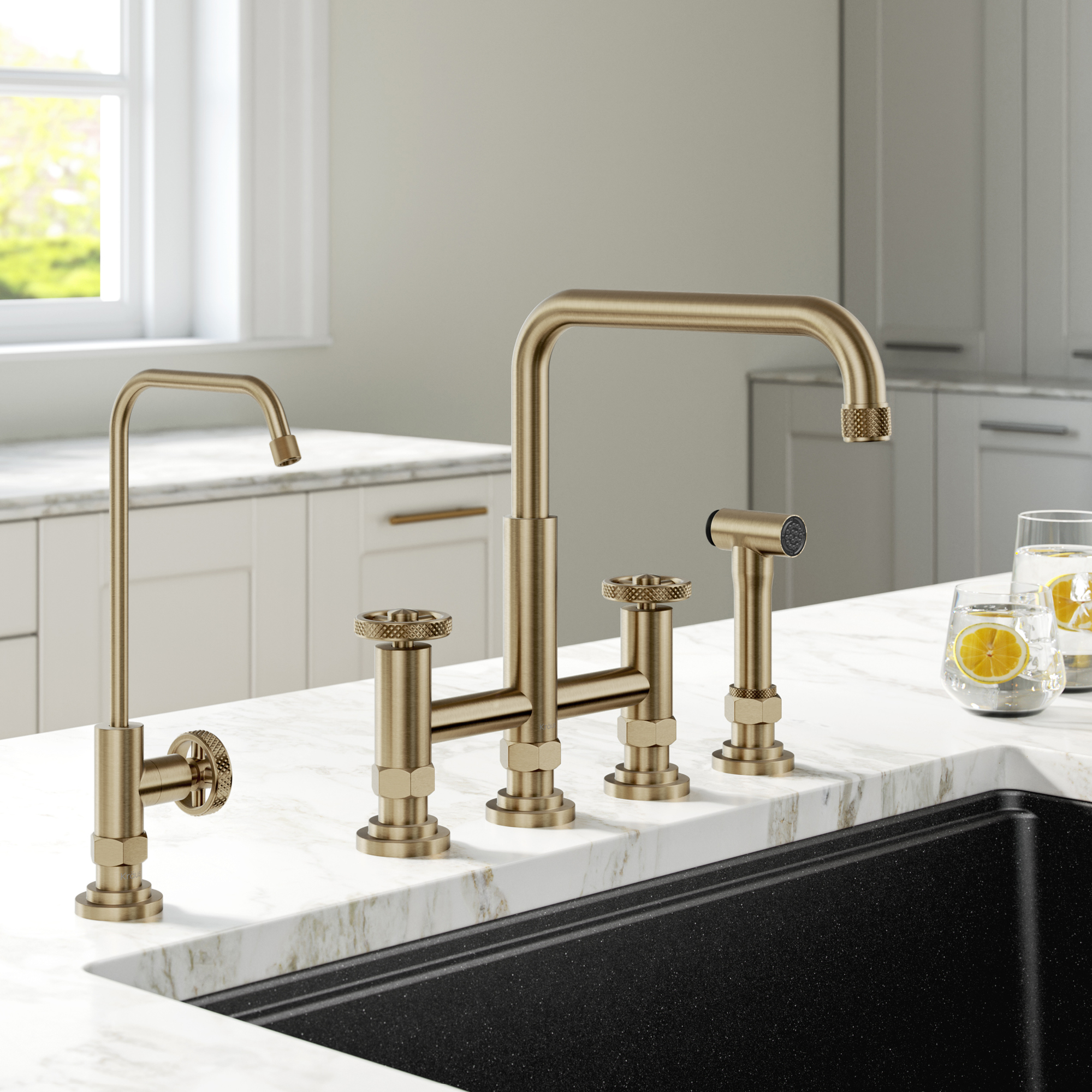 KRAUS Urbix™ Industrial Bridge Kitchen Faucet and Water Filter Faucet Combo in Brushed Gold - image 3 of 12