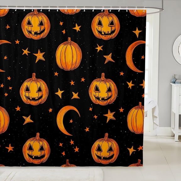 Halloween Shower Curtain Black Pumpkin And Star Pattern Waterproof Fabric Bathroom Decor With Hooks 71x71 inches
