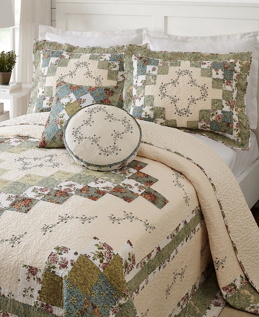Modern Heirloom Olivia Green Floral Embroidered Single Pillow Sham, King