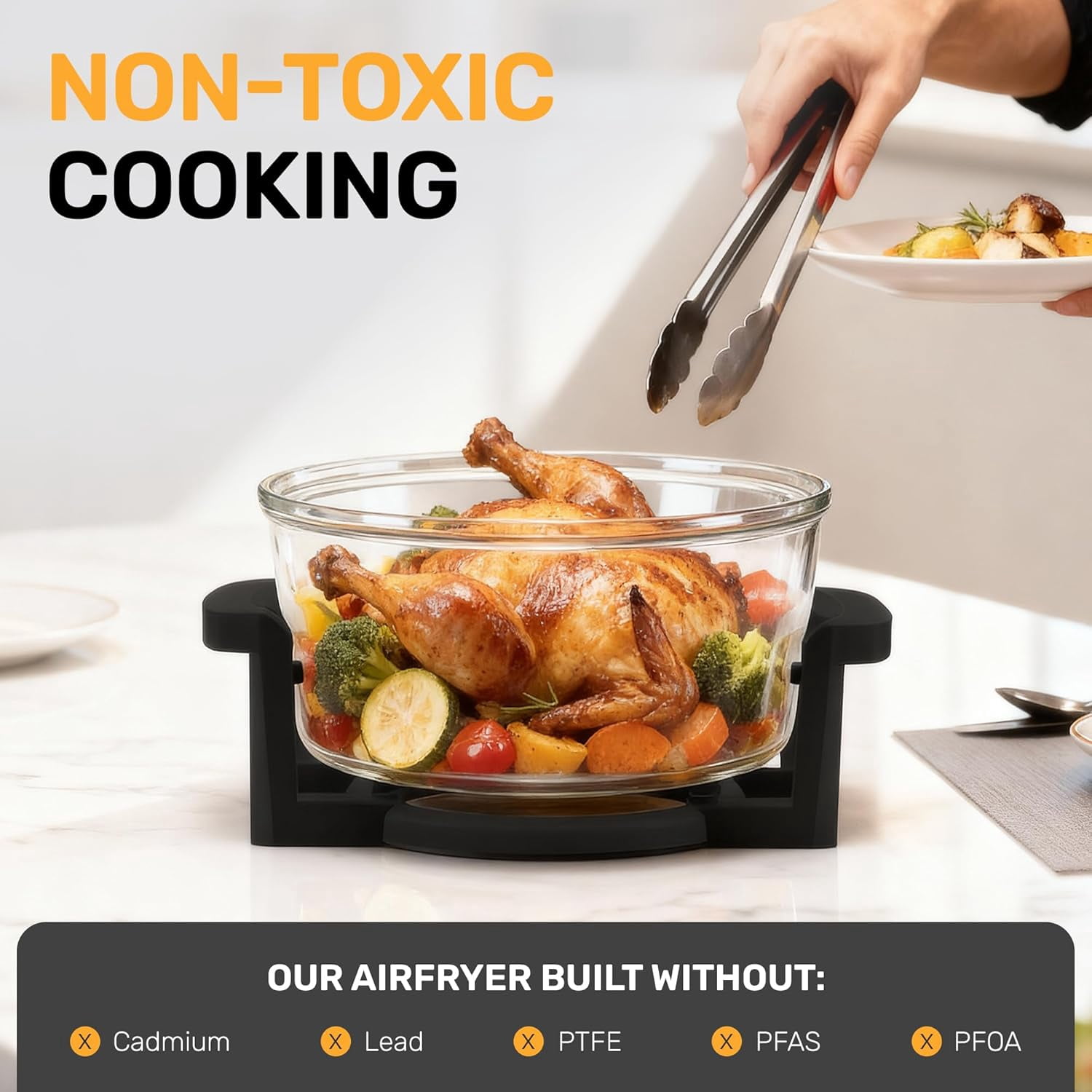 Granitestone Big Boss 16Qt Extra Large Glass Air Fryer Non Toxic – Family Sized 4 in 1 Cooker with 3 Cooking Sections, Stainless Steel Racks for French Fries, Chicken, Self Cleaning, Dishwasher Safe