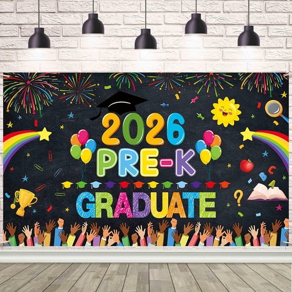 7x5FT Black Preschool Graduation Backdrop Pre Kindergarten Congrats Grad Background Class of 2026 Graduation Ceremony Party Decorations Banner Supplies Photo Booth Props
