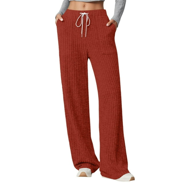 Women's Casual Pants Elastic Waist Soft Knitted Trousers Ribbed Texture High Rise Pocket Pants for Comfortable Daily Wear Fall Winter