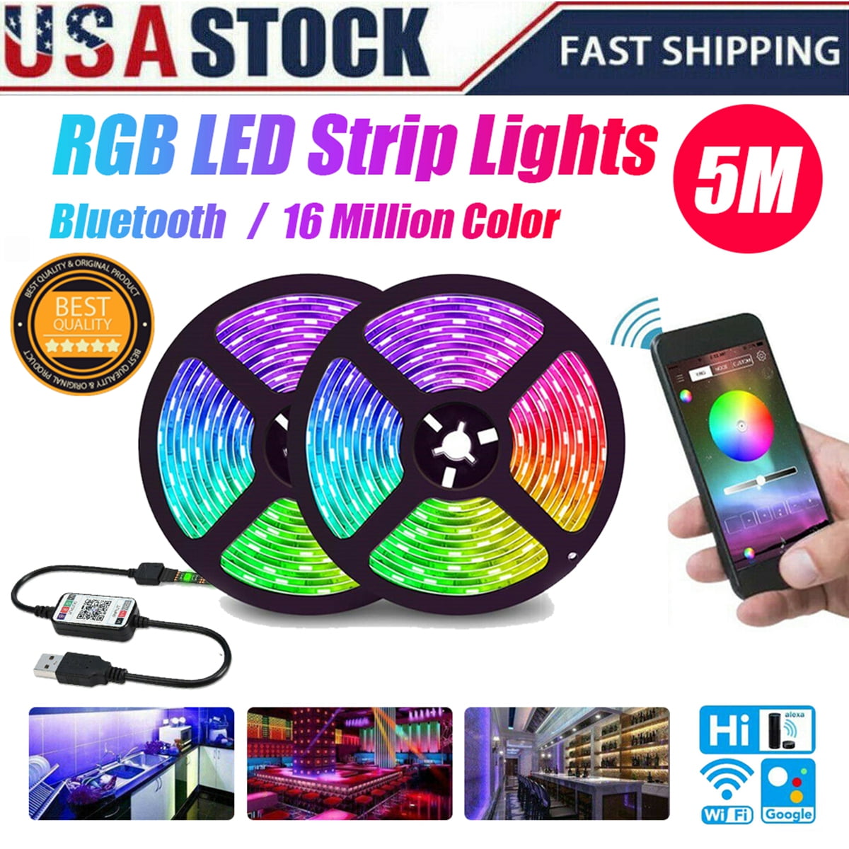 16FT Waterpoof 5050 LED Strip Lights RGB TV Music Backlight bluetooth A 
