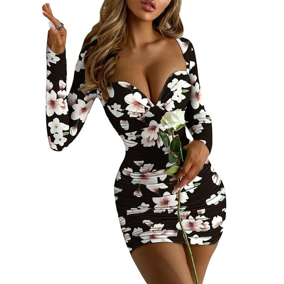 Skksst Womens Long Sleeve V Neck Evening Party Club Bandage Short Dress