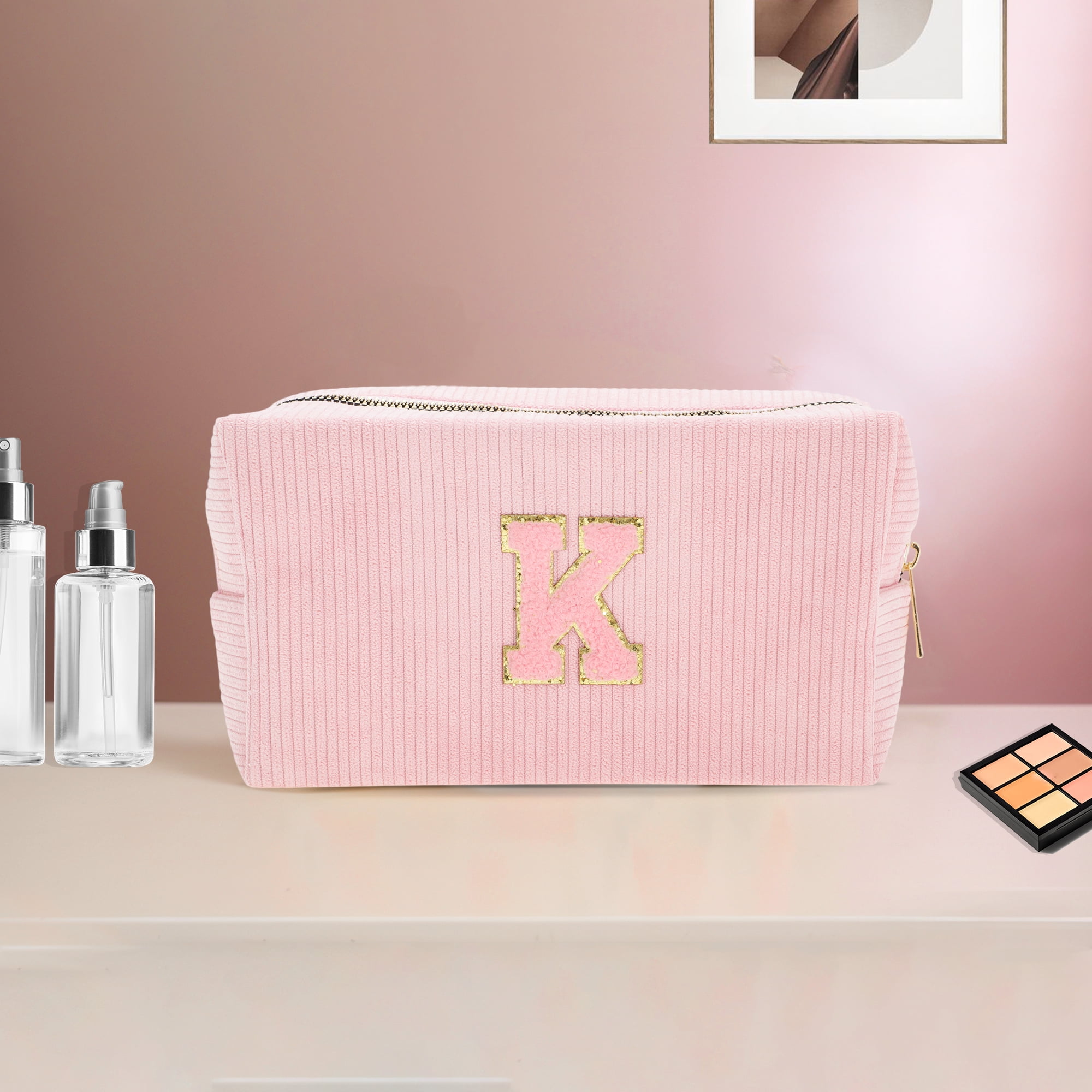 Unique Bargains 1 Pc Corduroy Rectangular Letter Makeup Bag Pink [Letter K]