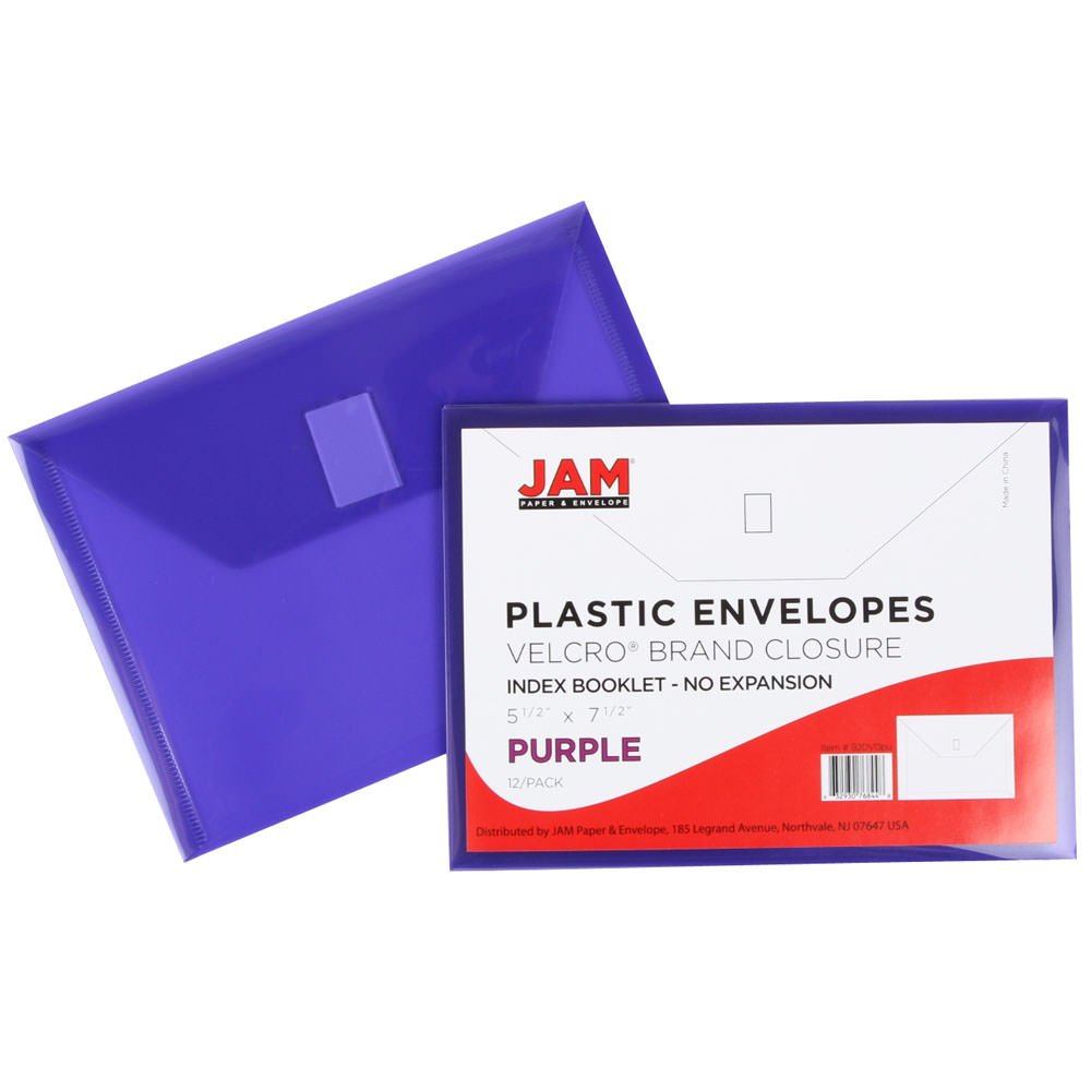 JAM Paper Plastic Envelopes with Hook & Loop Closure, Index, 5 1/2 x 7 1/2, Purple, 3/Pack