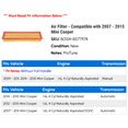 thumbnail image 2 of Air Filter - Compatible with 2007 - 2015 Mini Cooper 2008 2009 2010 2011 2012 2013 2014, 2 of 2