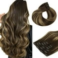 thumbnail image 1 of HOTBANANA Human Hair Clip in Hair Extensions, Balayage Chocolate Brown Mixed Caramel Blonde 120g Clip in Hair Extensions Real Human Hair Straight Remy, 1 of 8