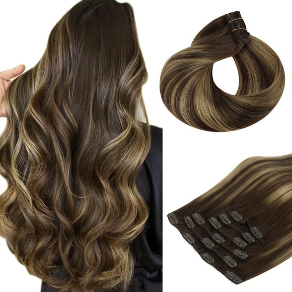 HOTBANANA Human Hair Clip in Hair Extensions, Balayage Chocolate Brown Mixed Caramel Blonde 120g Clip in Hair Extensions Real Human Hair Straight Remy